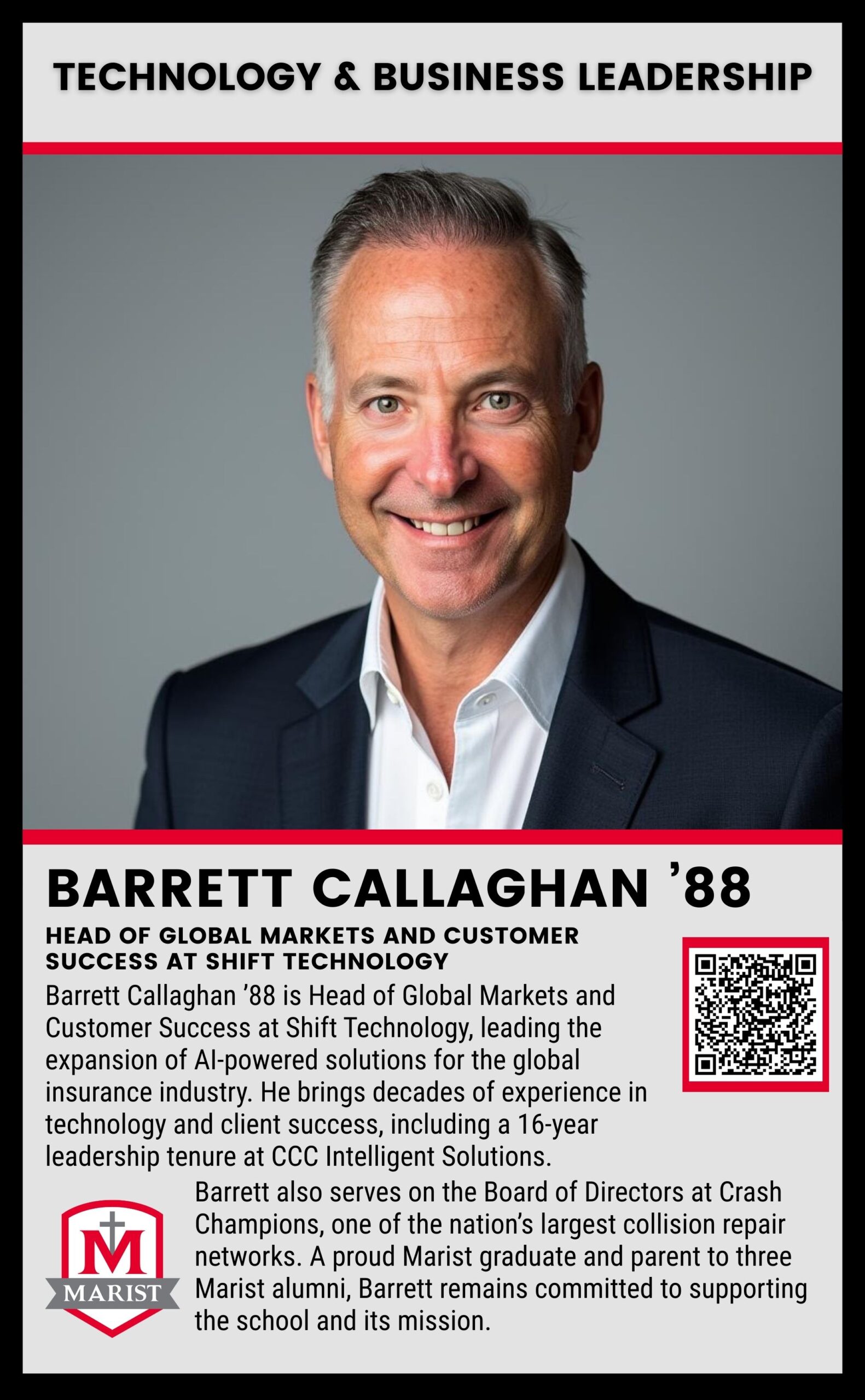 Barrett Callaghan ’88, Marist High School notable alumnus and accomplished business leader, featured on the Marist alumni page.