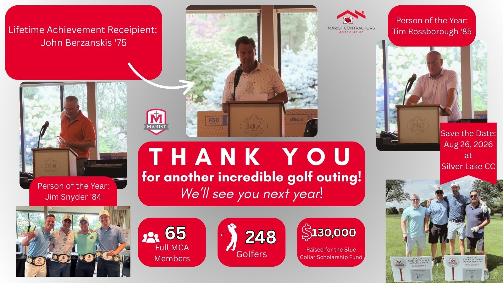 Group photo thanking participants of the Marist High School Golf Outing, which raised $130,000 with 62 sponsors and 248 golfers.