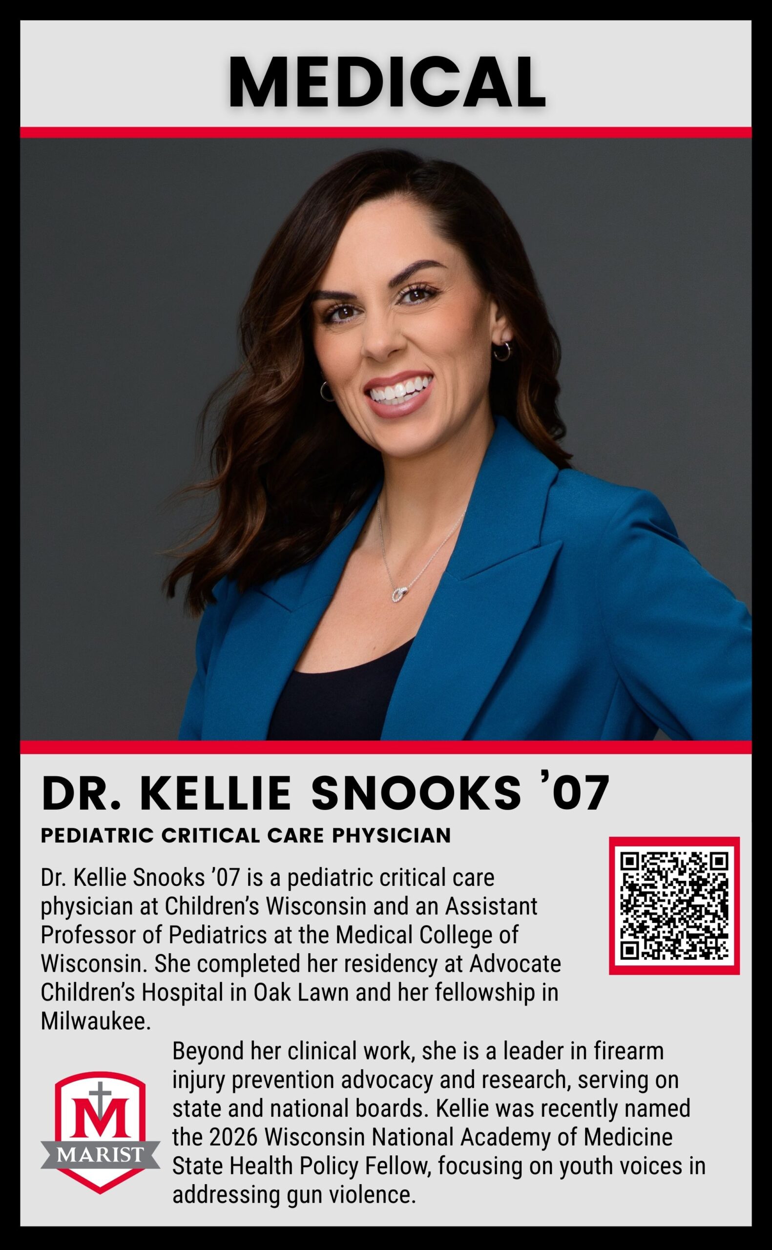 Snooks_updated size Dr. Kellie Snooks ’07, Marist High School notable alumna and pediatric critical care physician, featured on the Marist alumni page.
