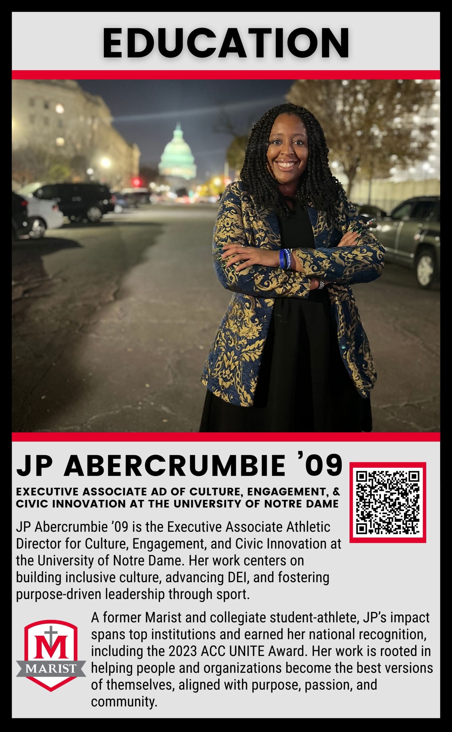abercrumbie J.P. Abercrumbie ’09, Marist High School notable alumna and Executive Associate Athletic Director of Culture, Engagement, & Civic Innovation at the University of Notre Dame, featured on the Marist alumni page.