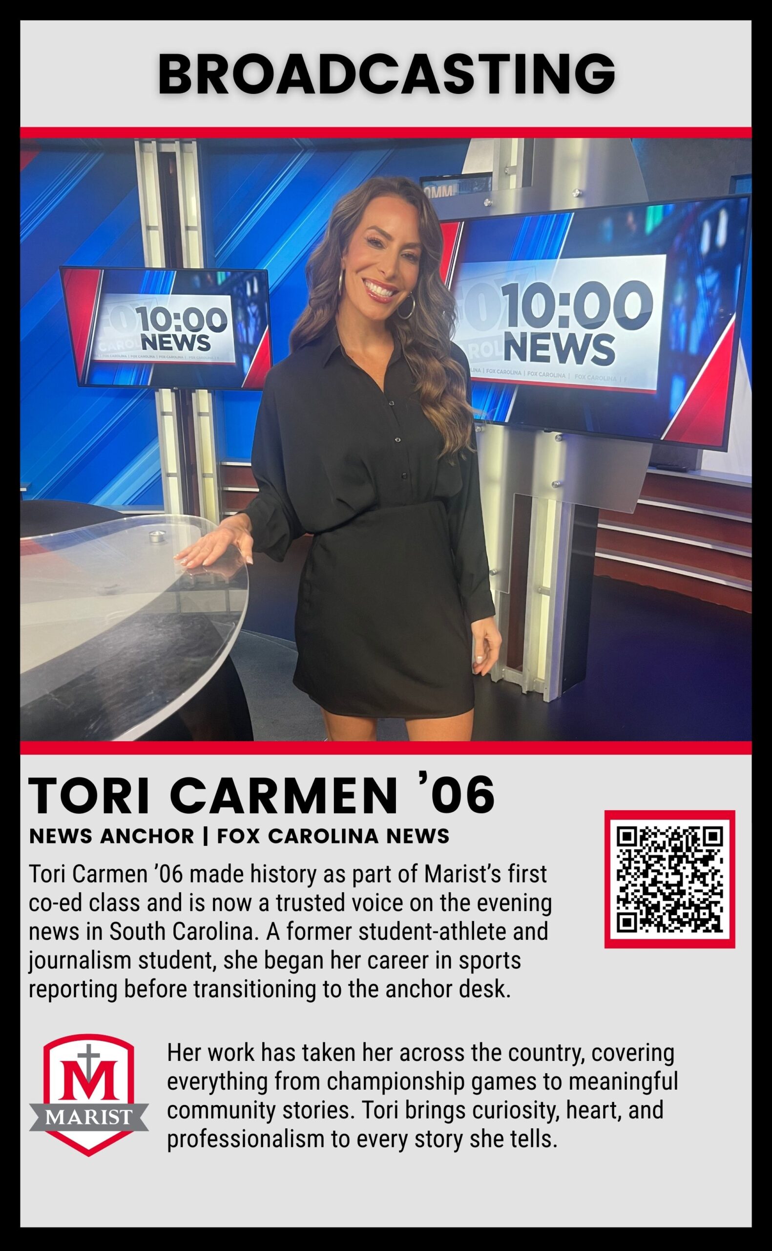 Tori Carmen ’06, Marist High School notable alumna and news anchor at FOX Carolina News, featured on the Marist alumni page.