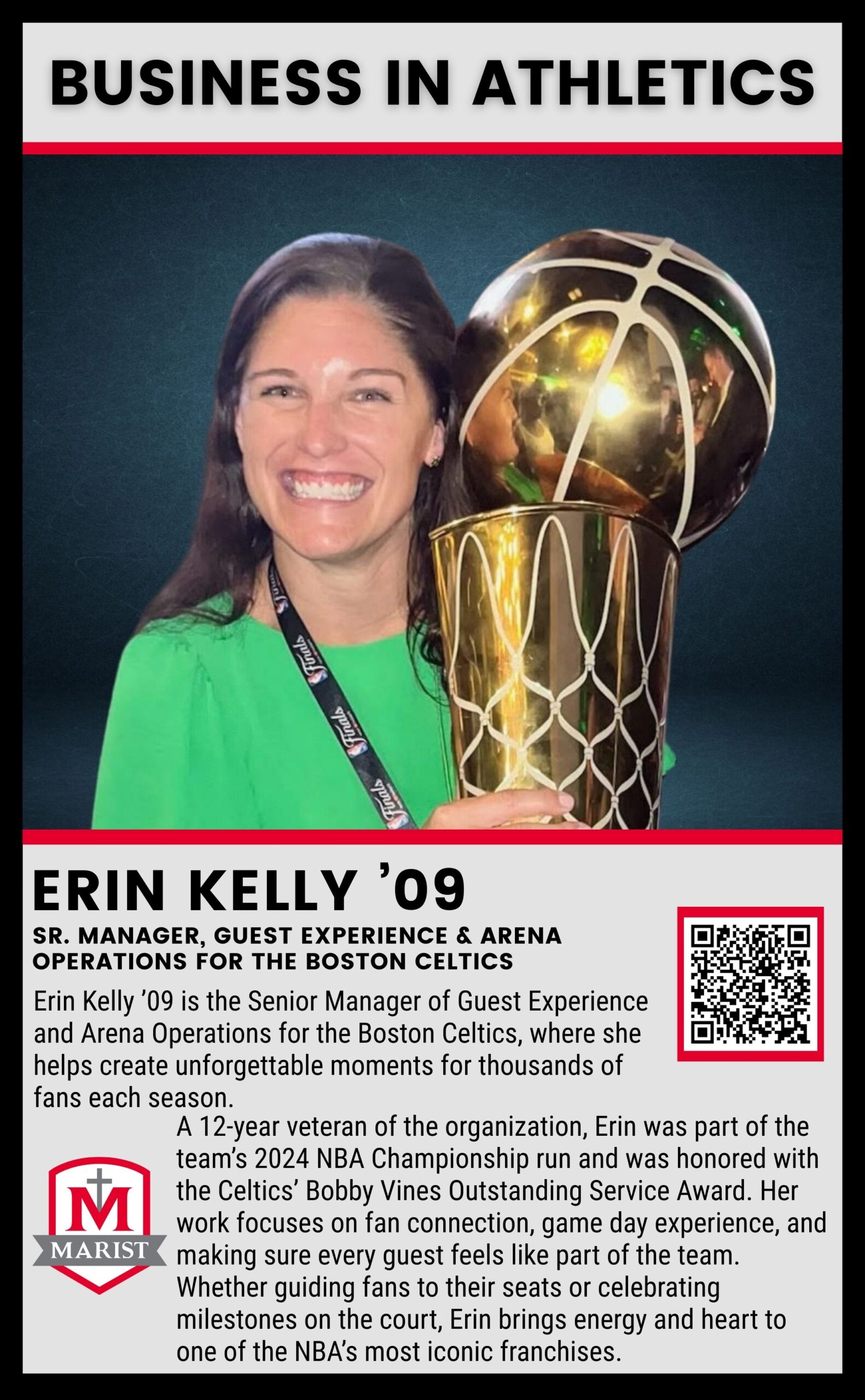 Erin Kelly ’09, Marist High School notable alumna and Senior Manager of Guest Experience & Arena Operations for the Boston Celtics, featured on the Marist alumni page.