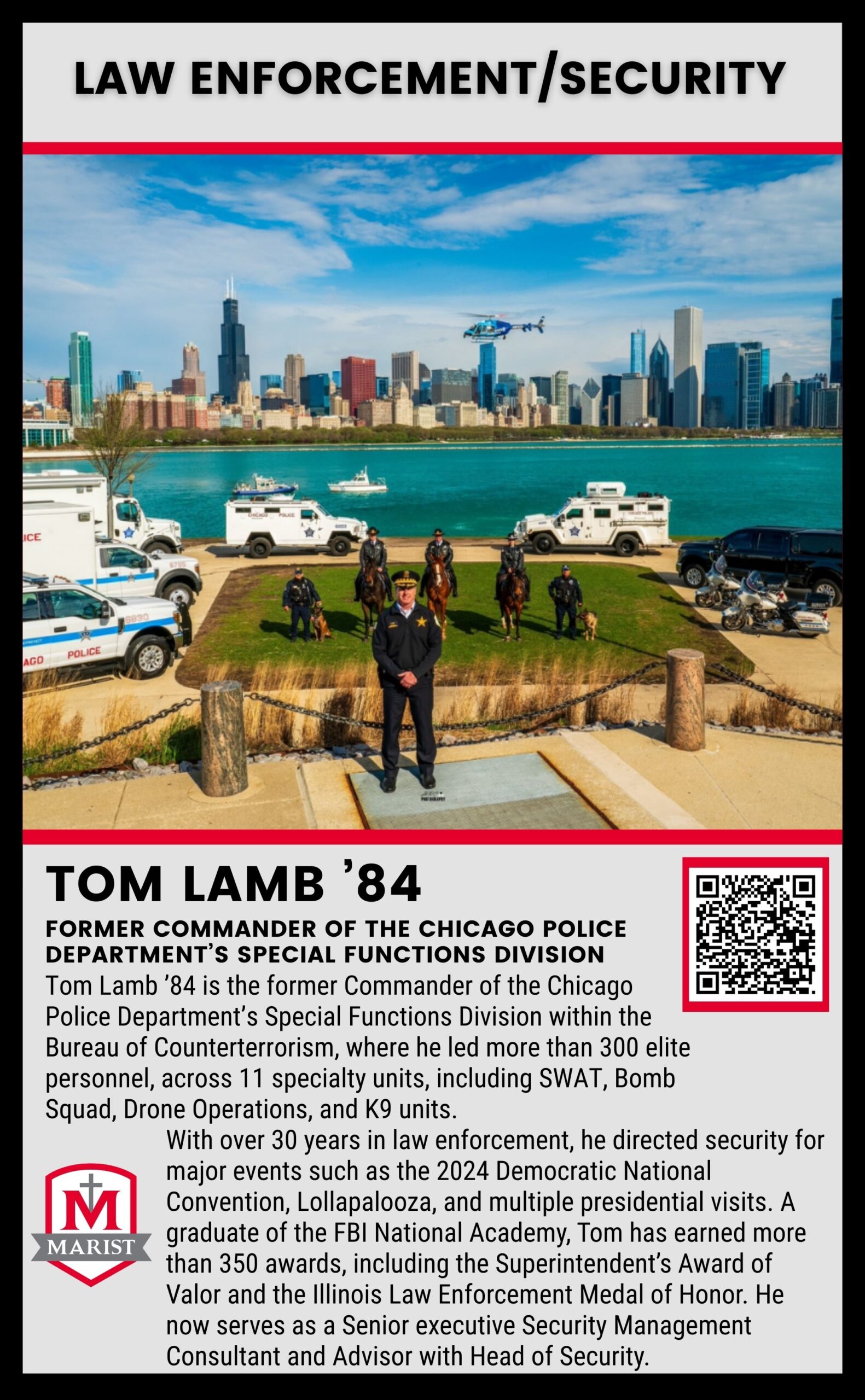 lamb Tom Lamb ’84, Marist High School notable alumnus and former Commander of the Chicago Police Department’s Special Functions Division, featured on the Marist alumni page.