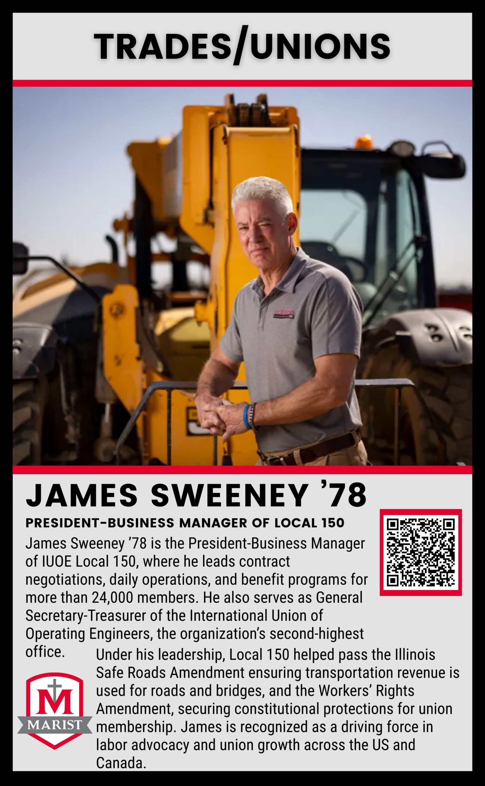 sweeney - ok to print James Sweeney ’78, Marist High School notable alumnus and President-Business Manager of Local 150, a leader in trades and unions, featured on the Marist alumni page.