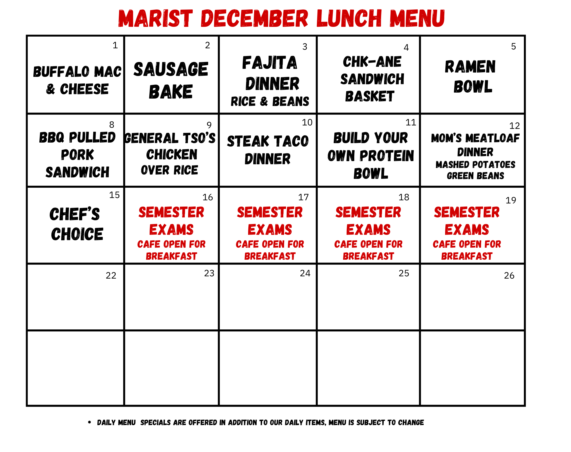 Marist High School Chicago October 2025 Lunch menu<br />

