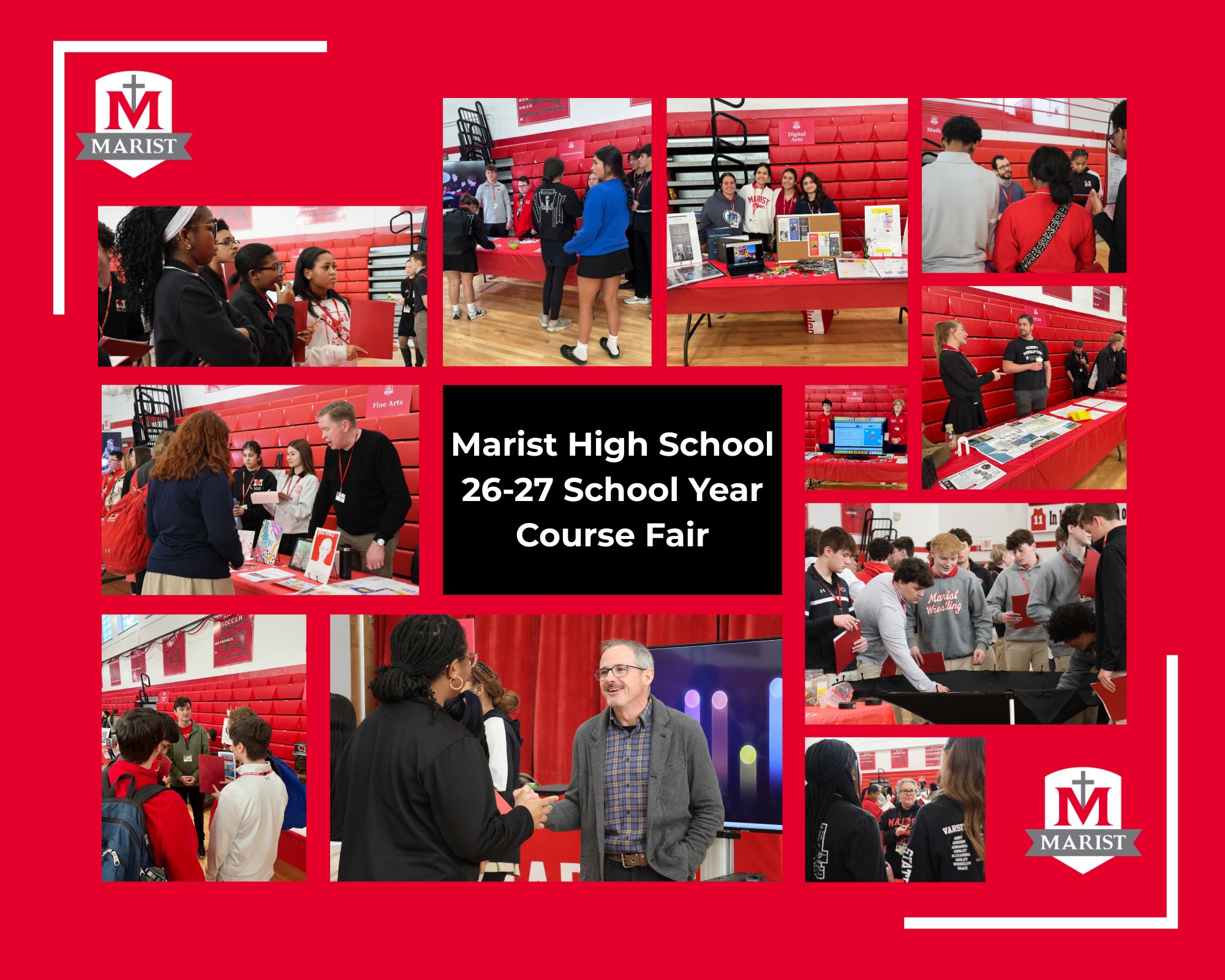 Students explore academic course options and speak with department chairs during Marist High School’s annual Course Fair in the gym.