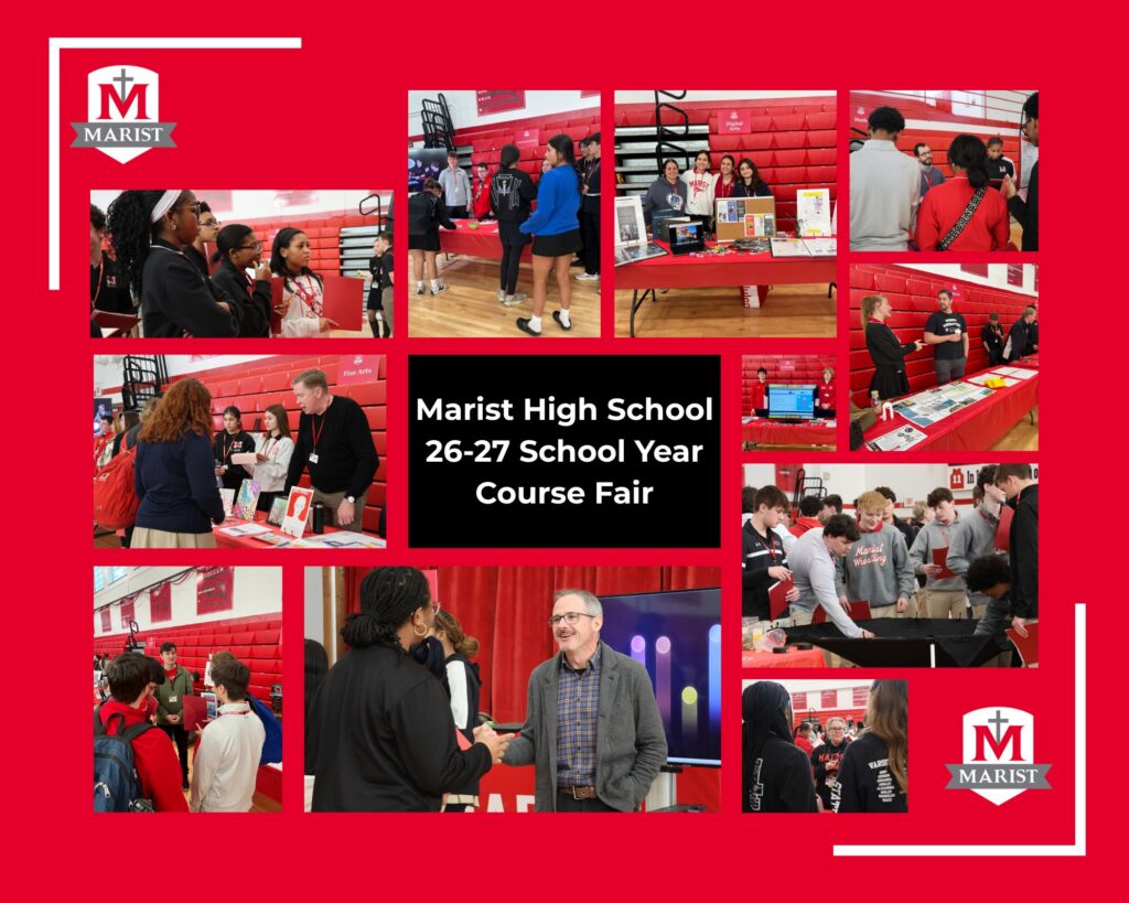 Students explore academic course options and speak with department chairs during Marist High School’s annual Course Fair in the gym.