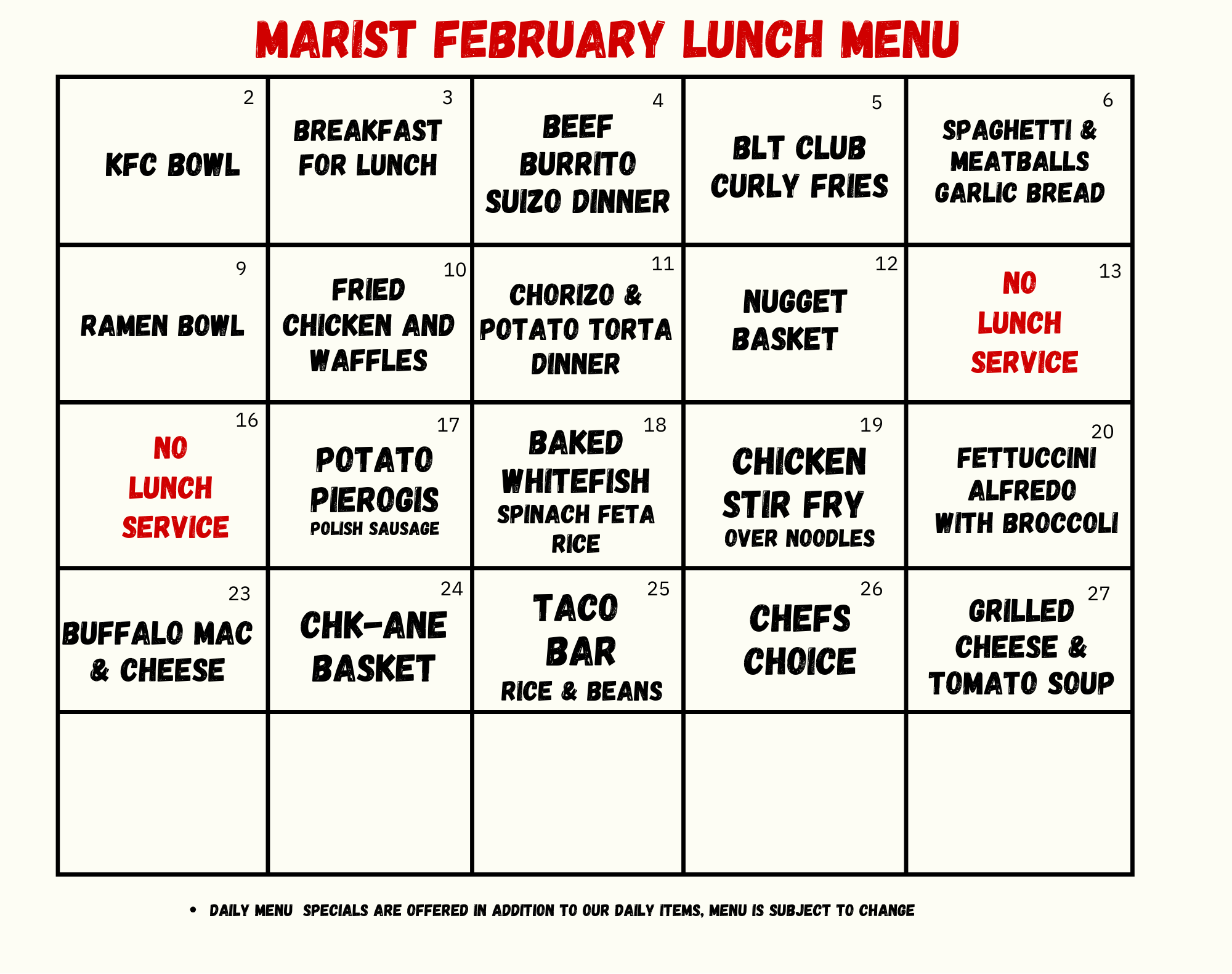 February Cafeteria menu<br />
