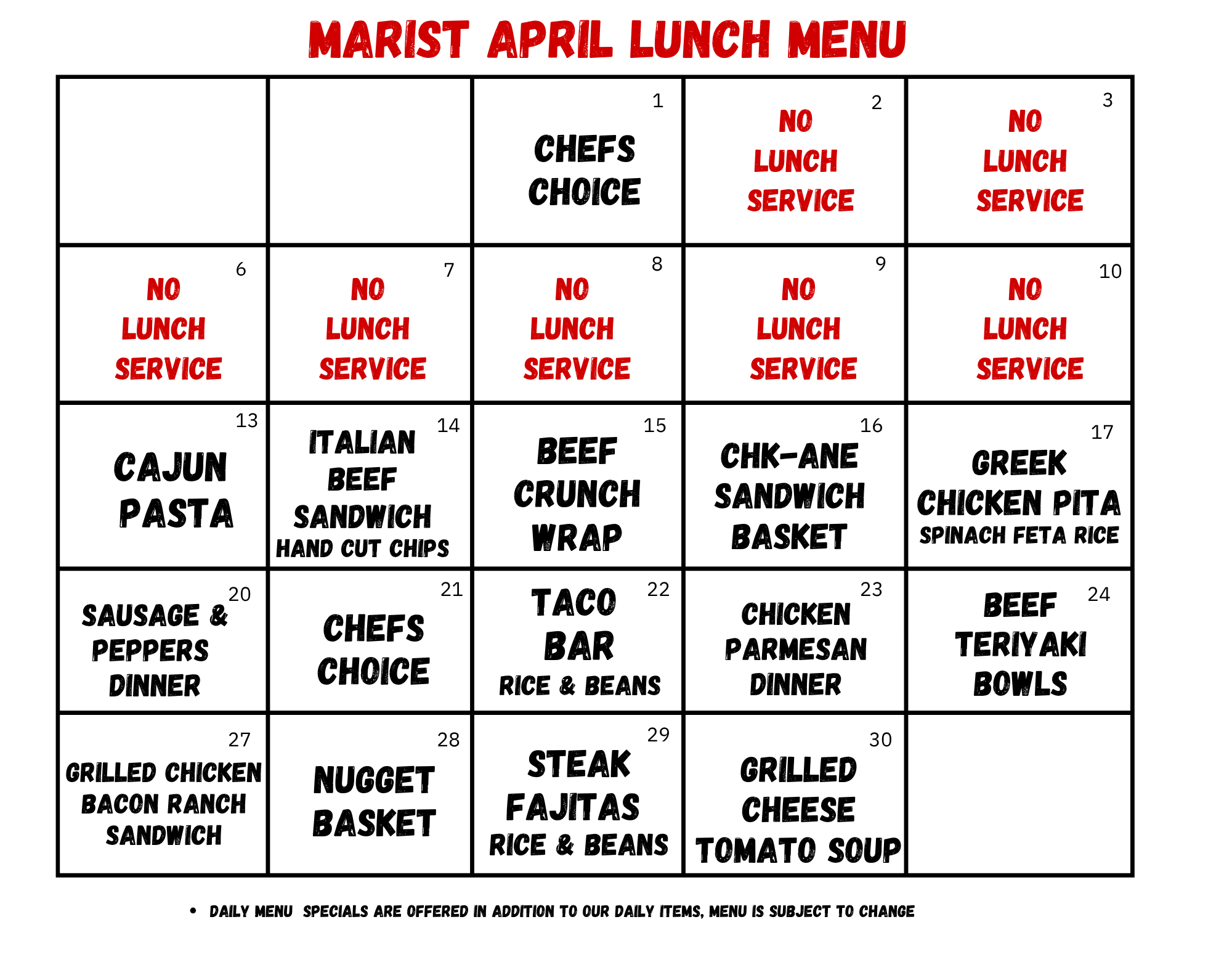 February Cafeteria menu<br />
