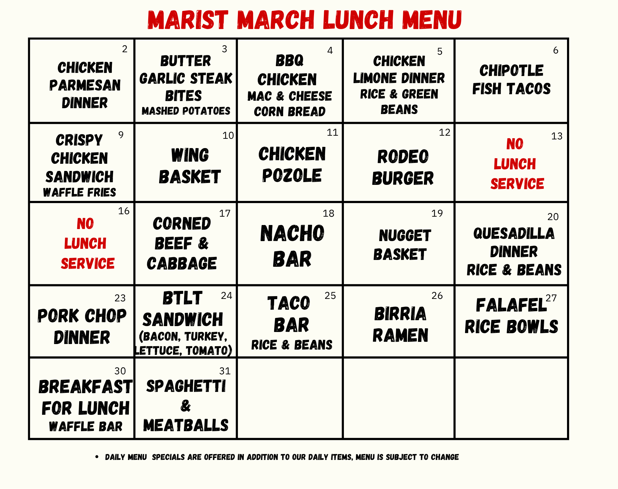 February Cafeteria menu<br />

